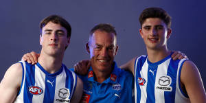 Alastair Clarkson with North Melbourne’s top picks,Harry Sheezel (right),and George Wardlaw.