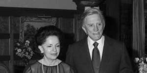 Lady Mary Fairfax and Kirk Douglas at a party given by the Fairfaxes for Kirk Douglas at Fairwater in Sydney on 16 September 1980.
