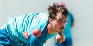 Lance Morris bowls in the SCG nets on Monday ahead of the Sydney Test.