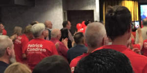 Red t-shirts filled a conference room at Carina Leagues club for Pat Condren's campaign launch for Brisbane City Council lord mayor.