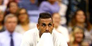 Sent packing:Nick Kyrgios watches the game slip away against Andrey Rublev.