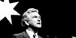 Bob Hawke on stage at the Sydney Opera House for the Labor Party campaign launch on June 23,1987.
