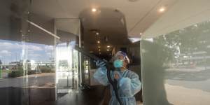 Cleaners disinfecting a hotel quarantine site in Melbourne,February 2021.