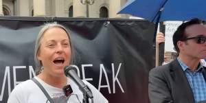 Holly Lawford-Smith addresses the Let Women Speak Rally on March 18.