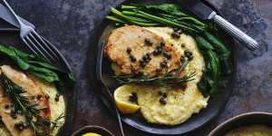 Chicken scaloppine with capers,lemon,rosemary and polenta.