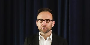 Greens MP Adam Bandt addresses the Australian Greens National Conference at Ainslie School in Canberra.