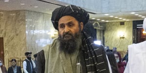 Taliban co-founder Mullah Abdul Ghani Baradar,arrives with other members of the Taliban delegation for an international peace conference in Moscow,Russia. The Taliban is illegal in Russia.
