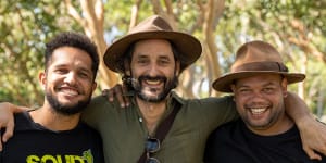 From left:Jaxon De Santis,Laurens Goud and Justin Grant journeyed across various communities in the NT exploring what local people in remote areas thought of the Voice proposal. 