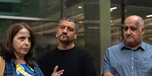 Family members of victims:Maxine Tsihlakis,Spiros Vasilakis and Steve Samaras outside the County Court of Victoria after the fine and conviction were handed down.