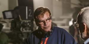 Aaron Sorkin on the set of Being the Ricardos.