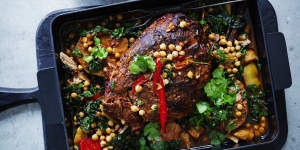 Slow-cooked pork shoulder and celeriac with braised chickpeas and silverbeet.