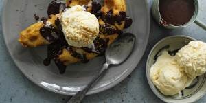 Old-school redux:Banana fritters with cinnamon chocolate sauce.