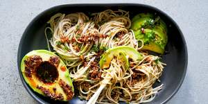 Soba noodles with cheat's crunchy chilli oil and avocado.