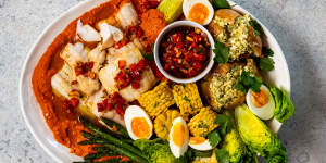 RecipeTin Eats’ fish platter with romesco sauce,capsicum salsa and sauce gribiche (French egg sauce).