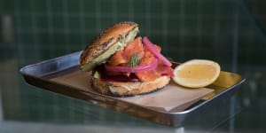House-made bagel filled with smoked salmon,cream cheese,pickled beet and red onion.