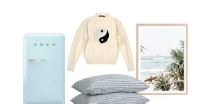 Smeg bar fridge;“Yin Yang” sweater;“Marine Blue Stripe” pillowcases;Byron Bay Longboarder framed print.