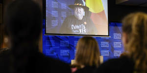 Senator Pat Dodson,special envoy for reconciliation and the implementation of the Uluru Statement from the Heart,during an address to the National Press Club via videolink from Broome on Wednesday.