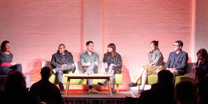 The Good Food Hospitality Symposium held on June 17. The panel,from left to right,moderator Dani Valent,Mulberry CEO Leon Kennedy,Patrick Ryan-Parker from Lightspeed,Lune’s Kate Reid,Almay Jordaan from Old Palm Liquor,Charlie Carrington from Atlas Dining and Ardyn Bernoth,National Editor of Good Food.