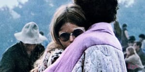 Bobbi Ercoline (then Bobbi Kelly) hugging her future husband,Nick,on the cover of the “Woodstock” soundtrack album.