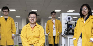 Professor Arnold Ju (seated) with Yunduo Charles Zhao,Zichen Li and San Seint Seint Zhao in their research lab at the University of Sydney.