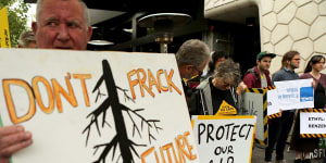 Fracking protesters outside AGL's annual general meeting in Melbourne in September,2015. 