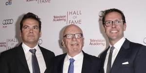 In more united times:Lachlan Murdoch (left),Rupert Murdoch (centre) and James Murdoch (right) in California in 2014.