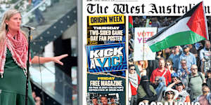 Greens MP Sophie McNeill speaking at the rally in Perth on Monday and,right,the front page of Tuesday’s The West Australian newspaper.