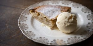 A wedge of Ben's apple pie with vanilla ice-cream.
