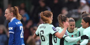 Chelsea’s players celebrate after Jessie Fleming’s first-half strike against Everton.