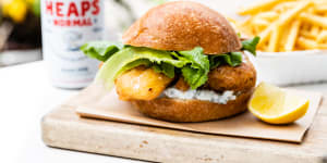 The beer-battered fish sandwich from Beach Byron Bay’s kiosk. 