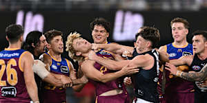 Sam Walsh gets into Levi Ashcroft.
