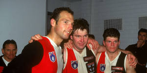Time gone by:Danny Frawley (centre) celebrates a win with Stewart Loewe and Robert Harvey in 1995.