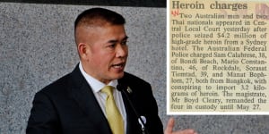 Thai minister Thammanat Prompao and a 1993 Sydney Morning Herald clipping about his arrest in Sydney.
