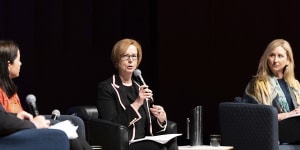 Former prime minister Julia Gillard,(second from right) discusses gender equality and pay gaps with experts including Mary Wooldridge and Geraldine Chin-Moody.