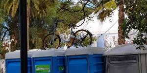 An oBike was left on top of portable toilets in Prahran in August 2017.