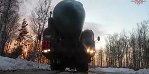 Russian armed forces transport a Yars strategic missile launcher to an undisclosed location in Russia. 