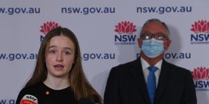 Year 9 student Alyssa Horan,who welcomed the announcement of the social bubble,with NSW Health Minister Brad Hazzard.