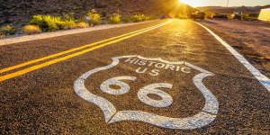 Street sign on historic route 66 in the Mojave desert.