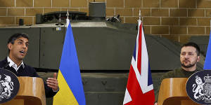 British Prime Minister Rishi Sunak and Ukrainian President Volodymyr Zelenskyy hold a news conference at a military facility in Lulworth,Dorset,England.