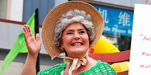 Angela-Jones Blayney as Granny Smith for a festival in Eastwood and feedback on her resume. The photo is not in evidence.