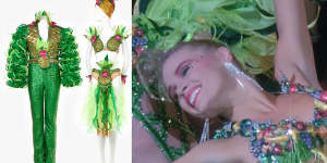 Performance costumes,“Fruity Mambo”,designed by Catherine Martin,and made by her and Rosie Boylan,for Strictly Ballroom The Musical,in Sydney in 2014. And on the right,Sonia Kruger starring as Tina Sparkle in Strictly Ballroom.