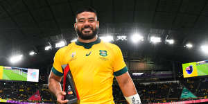 Tolu Latu was named man of the match in Australia’s 39-21 victory over Fiji in Sapporo in the 2019 Rugby World Cup.