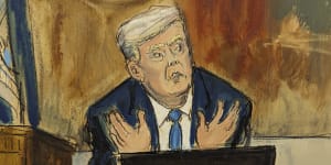 In this courtroom sketch,former President Donald Trump testifies on the witness stand.