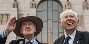 Ron Houghton,96 (L) and Tony Adams,97 at The Royal Australian Air Force centenary commemoration at the Anzac Memorial.