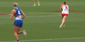 The Western Bulldogs’ Britney Gutknecht was sent to the tribunal for this tackle on Sydney’s Paige Sheppard.