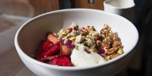 Spelt and maple granola,roasted rhubarb,berries,whipped ricotta.