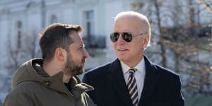 Joe Biden and Ukrainian President Volodymyr Zelensky during the US president’s surprise visit to Kyiv in February.