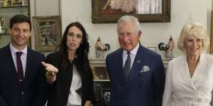 Charles and Camilla with then NZ prime minister Jacinda Ardern and her partner Clarke Gayford in London in April 2018. 