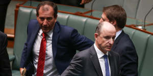 Stuart Robert,Minister for Human Services and Veterans Affairs,walks past colleague Mal Brough on Thursday.