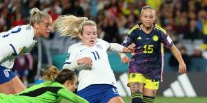 England’s Lauren Hemp scores in the quarter-final win over Colombia.